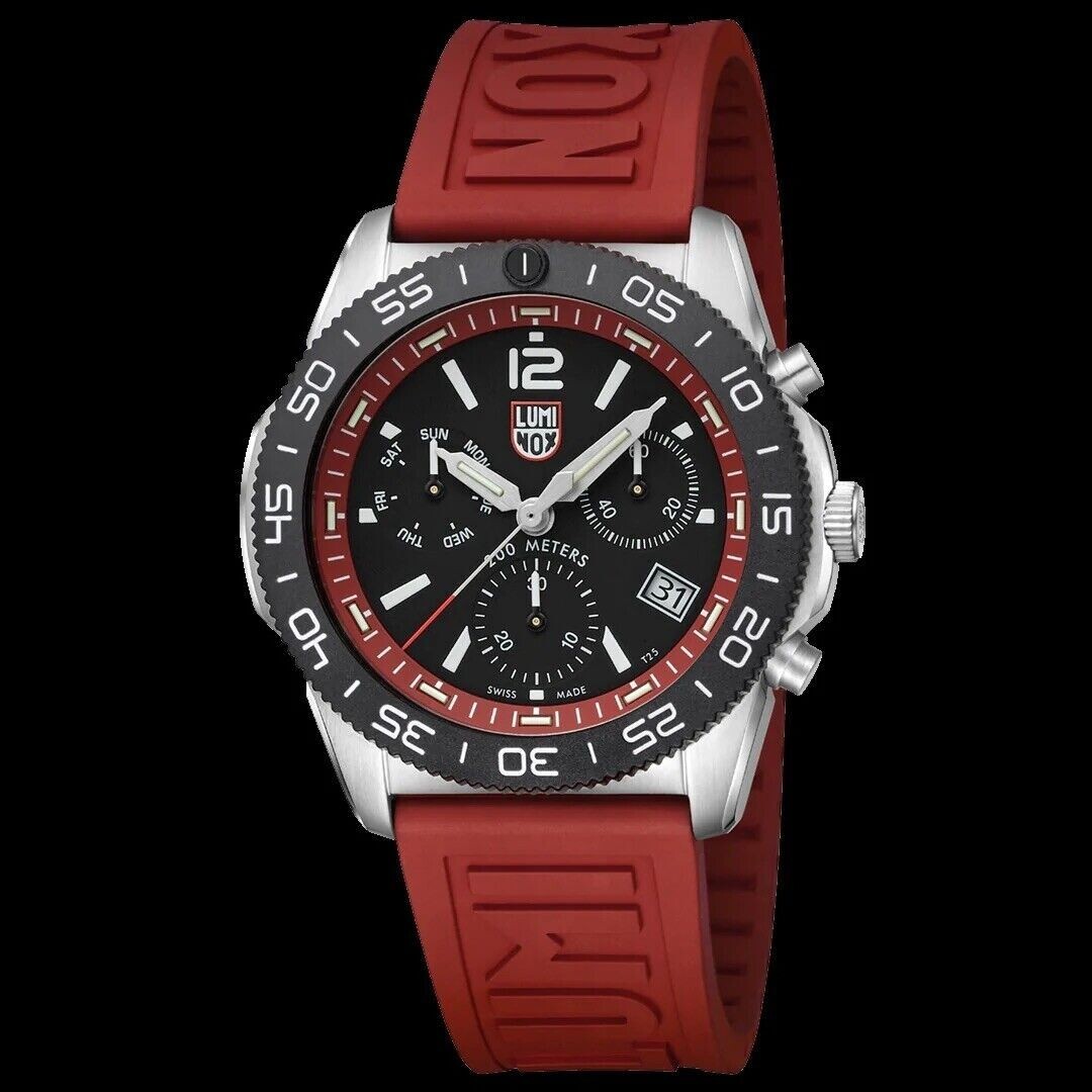 Pre-owned Luminox Pacific Diver Xs.3155 Chrono 44mm Red Rubber Steel Men's Swiss Watch