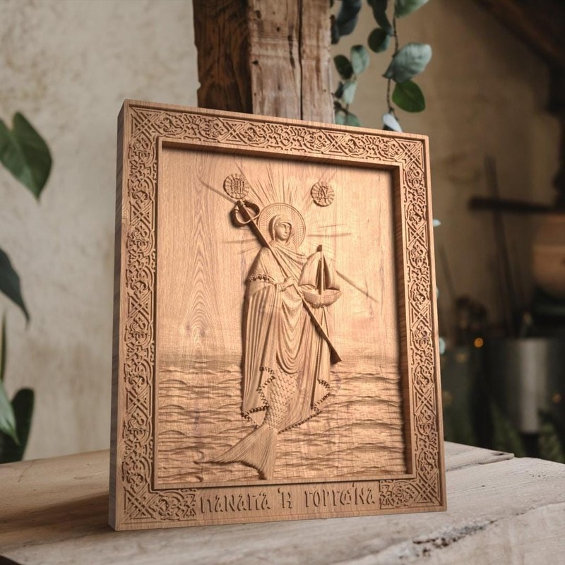 Virgin Mary the Mermaid Wooden Carved Handmade Byzantine Orthodox Christian Icon