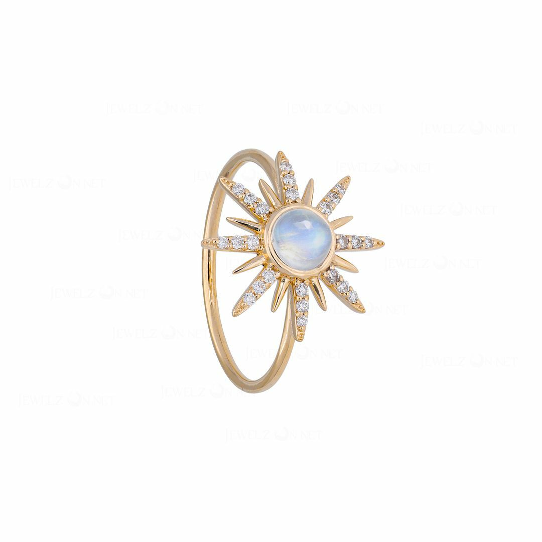Pre-owned J.o.n 14k Gold Genuine Diamond And Rainbow Moonstone Rising Sun Ring Fine Jewelry In White