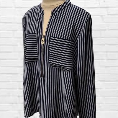 MICHAEL KORS MK Womens L Popover Top Navy White Stripe Career Office Upscale