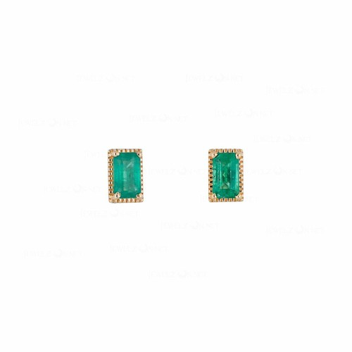 Pre-owned J.o.n Gold 0.40 Ct. Genuine Baguette Emerald May Birthstone Mini Studs Earrings