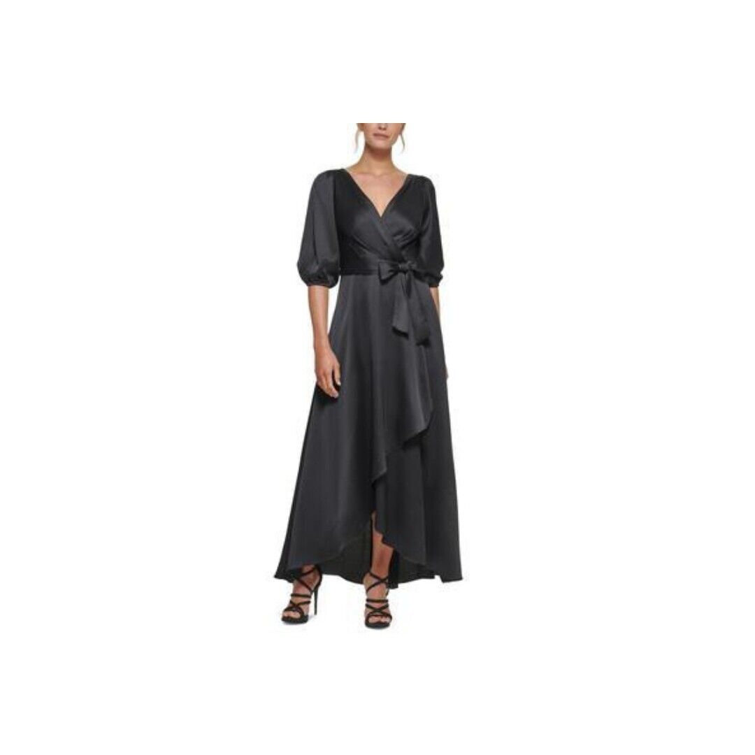 DKNY Balloon-Sleeve Faux-Wrap Gown Women's 4 Black Surplice Neck Tie Waist - Picture 1 of 17