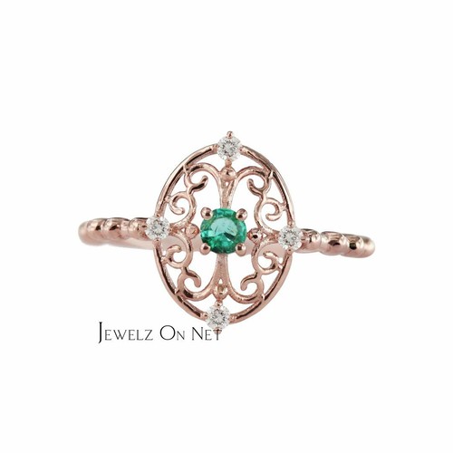 Pre-owned J.o.n 14k Gold Genuine Diamond And Emerald Gemstone Vintage Style Ring Fine Jewelry In Yellow
