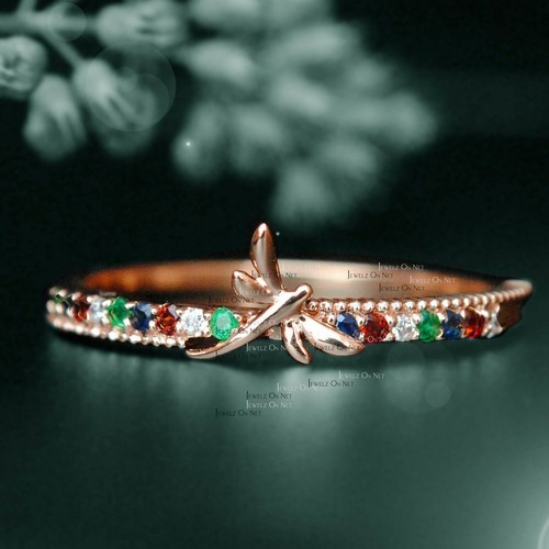 Pre-owned J.o.n 14k Gold Genuine Diamond Emerald Blue Sapphire Dragonfly Wedding Ring Jewelry In Yellow