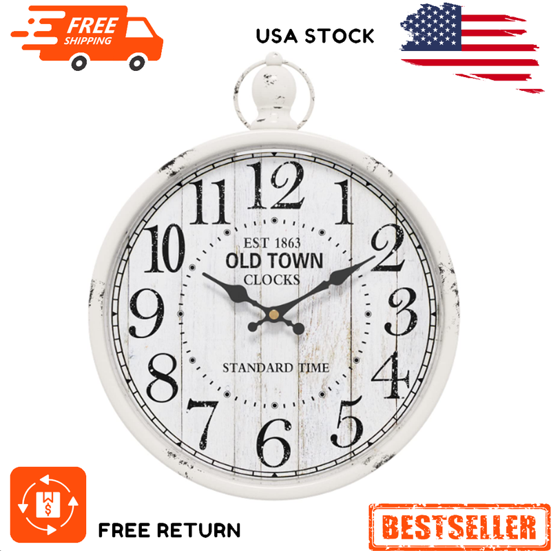 Retro round Wall Clock. White Vintage Antique Style. Battery Operated Silent NEW
