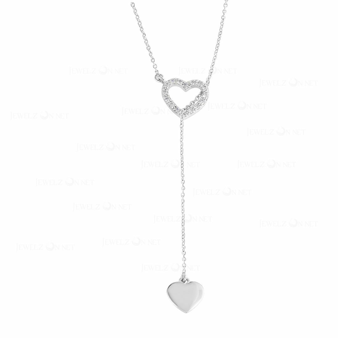 Pre-owned J.o.n 14k Gold Genuine Diamond Double Heart Lariat Gift Jewelry Necklace In White