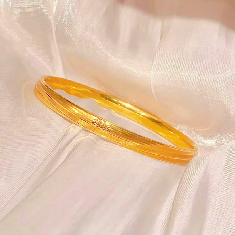 Women'S Lotus Closed Bangle, 24K Gold, AU999 | Gradient Enamel Bud with Hidden 
