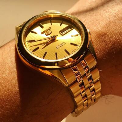 Pre-owned Seiko 5 Snkl28k1 Automatic Gold Tone Stainless Steel Analog Men's Casual Watch