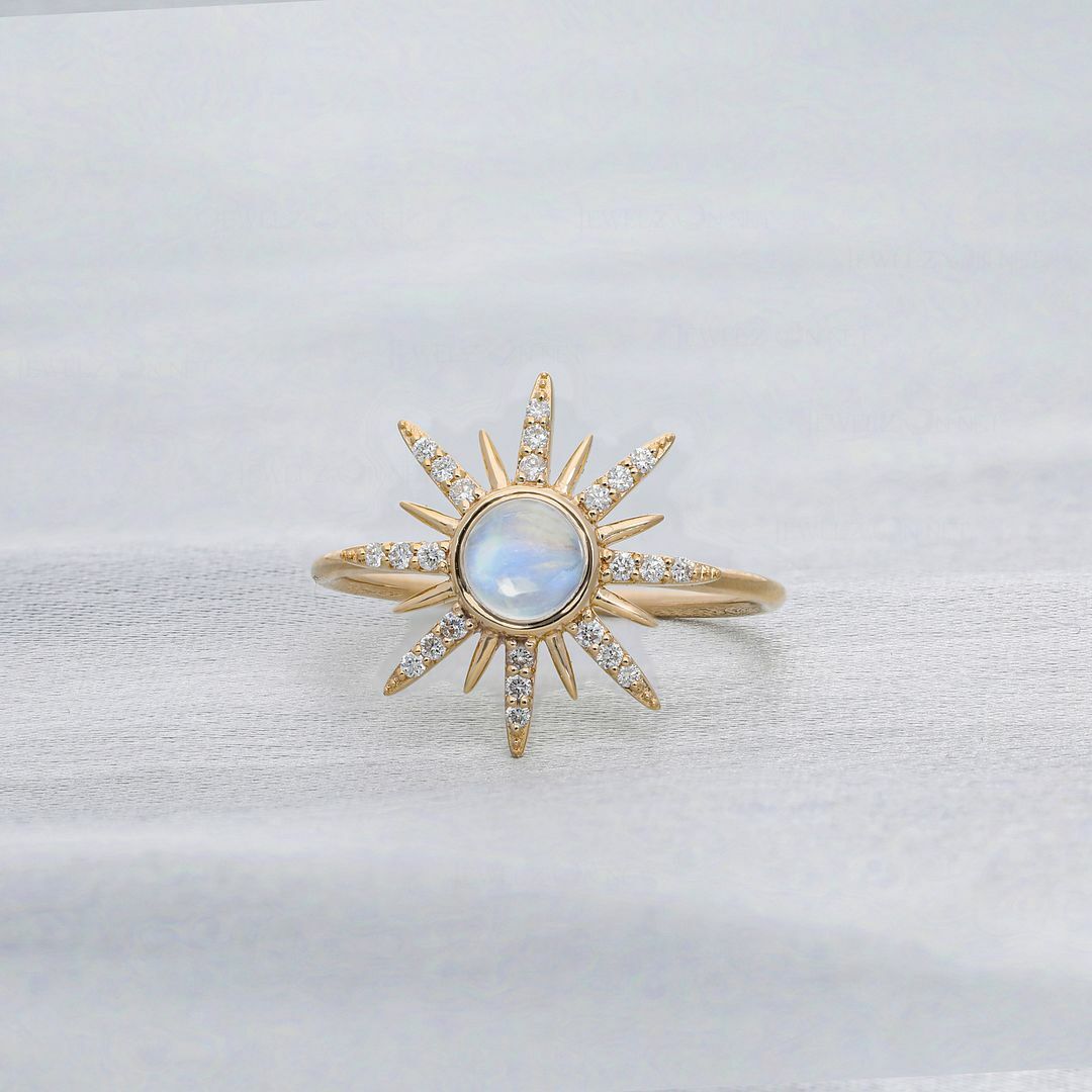 Pre-owned J.o.n 14k Gold Genuine Diamond And Rainbow Moonstone Rising Sun Ring Fine Jewelry In White