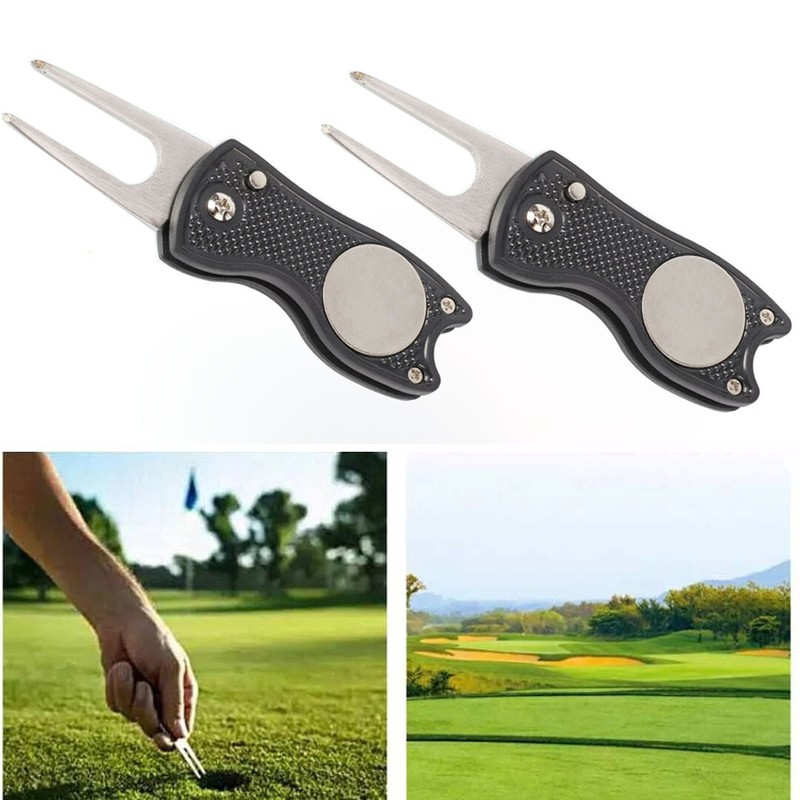 2 x Golf Foldable Switchblade Divot Pitch Mark Repair Tool &Magnetic Ball Marker