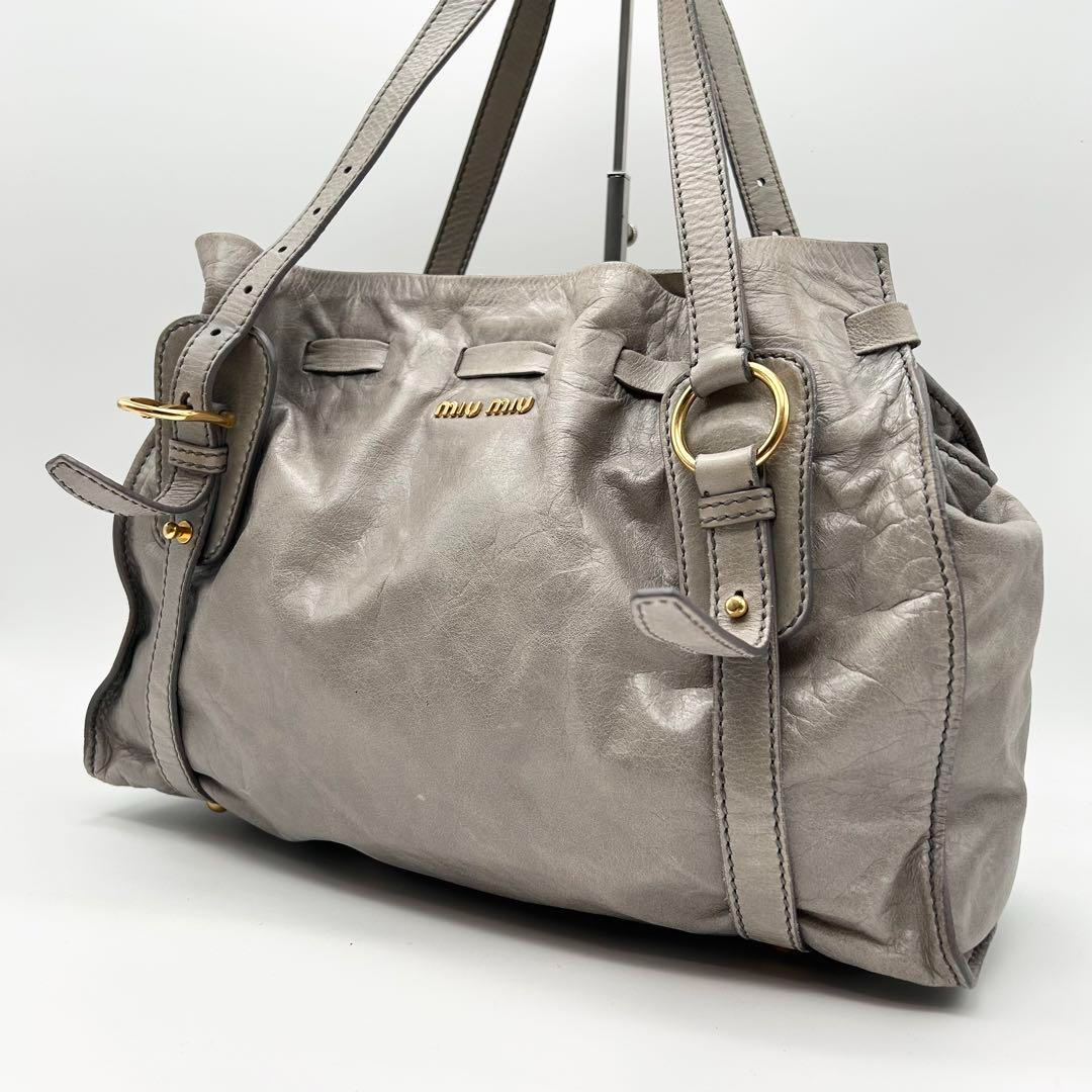 MIU MIU Side Ribbon Belt Tote Bag Shoulder Gray Leather MIU MIU Side Ribbon Belt Tote Bag Shoulder Gray Leather