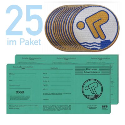 Paket aus 25 Schwimmabzeichen Gold und 25 Schwimmpässen