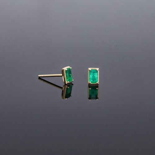 Pre-owned J.o.n Gold 0.40 Ct. Genuine Baguette Emerald May Birthstone Mini Studs Earrings