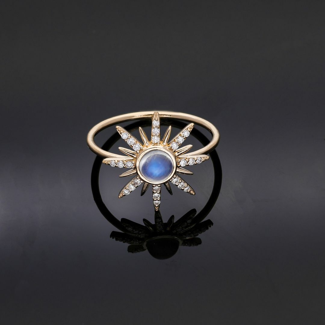 Pre-owned J.o.n 14k Gold Genuine Diamond And Rainbow Moonstone Rising Sun Ring Fine Jewelry In White