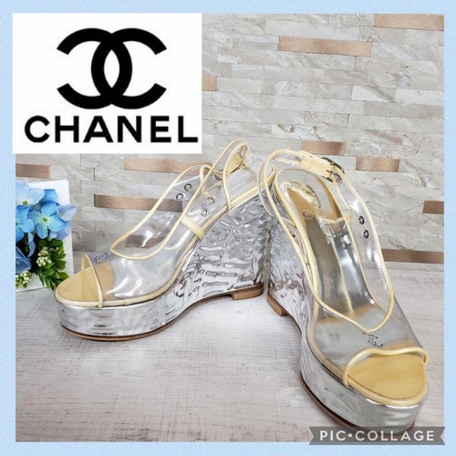 CHANEL CC Logo Silver Slingback Wedge Sole Sandals EUR36.5