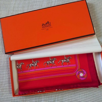 HERMES Petit Carre 45 Silk Scarf Gavroche SEQUENCES Red Vintage Unused with Box