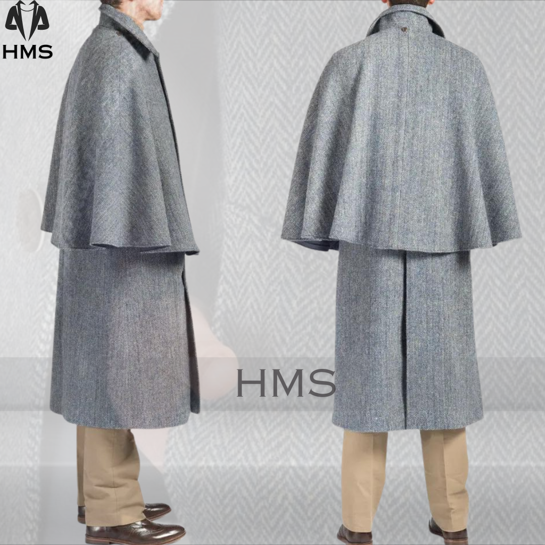 Pre-owned 100% Men's Gray Inverness Coat Heavy  Wool Long Jacket And Overcoat With Cape