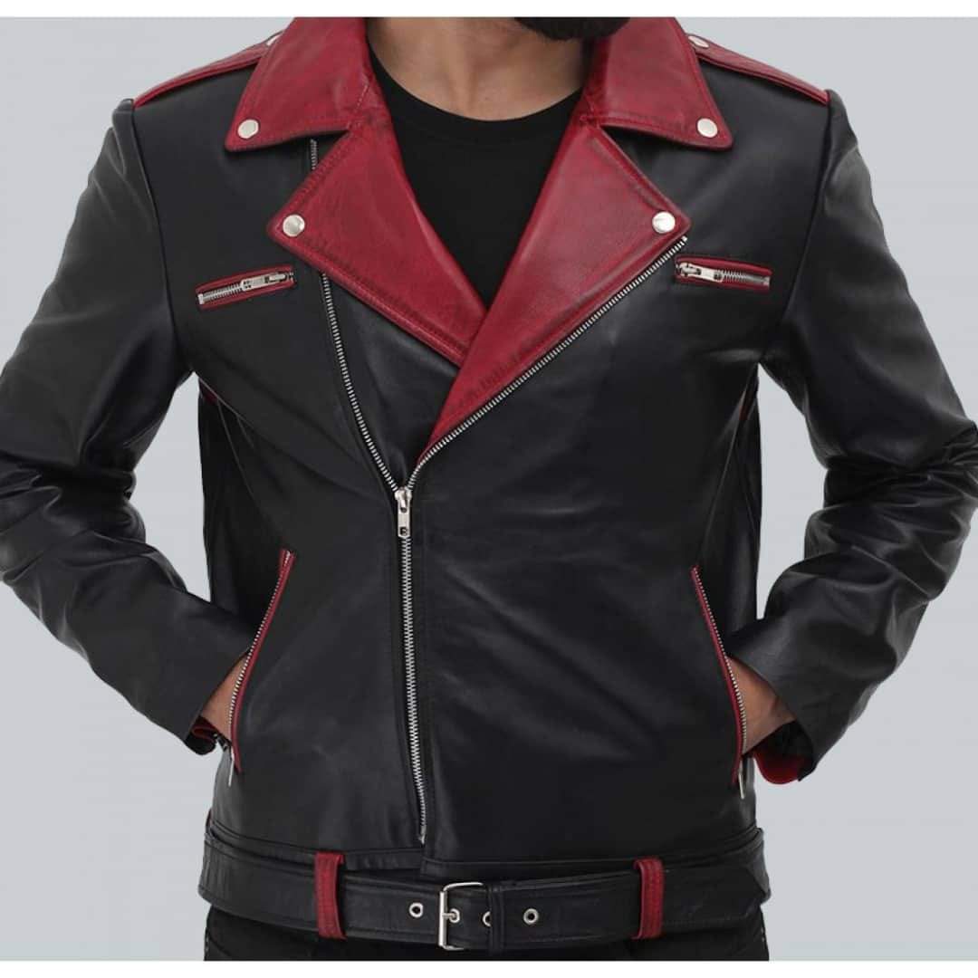 Men two tone belted biker leather jacket, Men Black and red