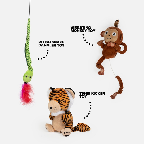 Rainforest Cat Toy Bundle Vibrating Monkey Plush Snake Dangler Tiger Kicker Toys