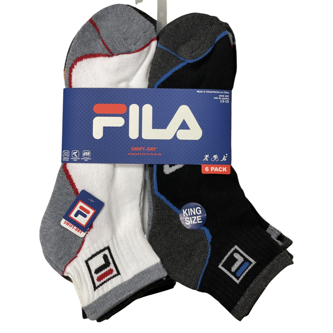 FILA Socks, Quarter Crew Athletic Socks, 6 Pack Size 13-15