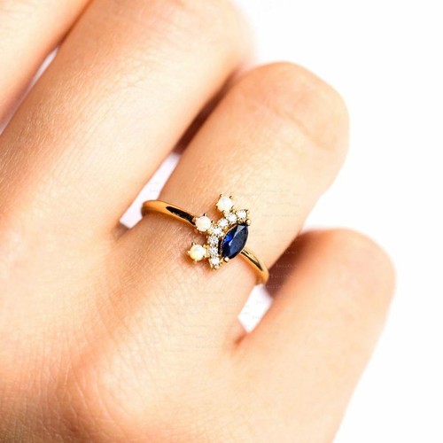 Pre-owned J.o.n 14k Gold Genuine Diamond Opal Blue Sapphire Gemstone Ring Fine Jewelry Gift In Yellow