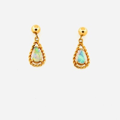 Vintage Estate 14k Yellow Gold Opal Drop Dangle Earrings, Marked 14k, 2.9 Grams