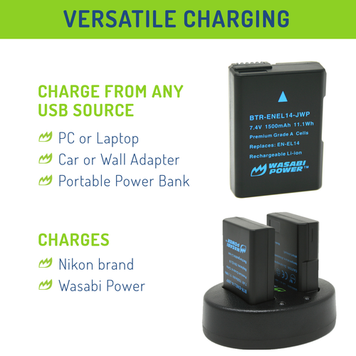 Wasabi Power Battery (2-Pack) and Dual Charger for Nikon EN-EL14, EN-EL14a