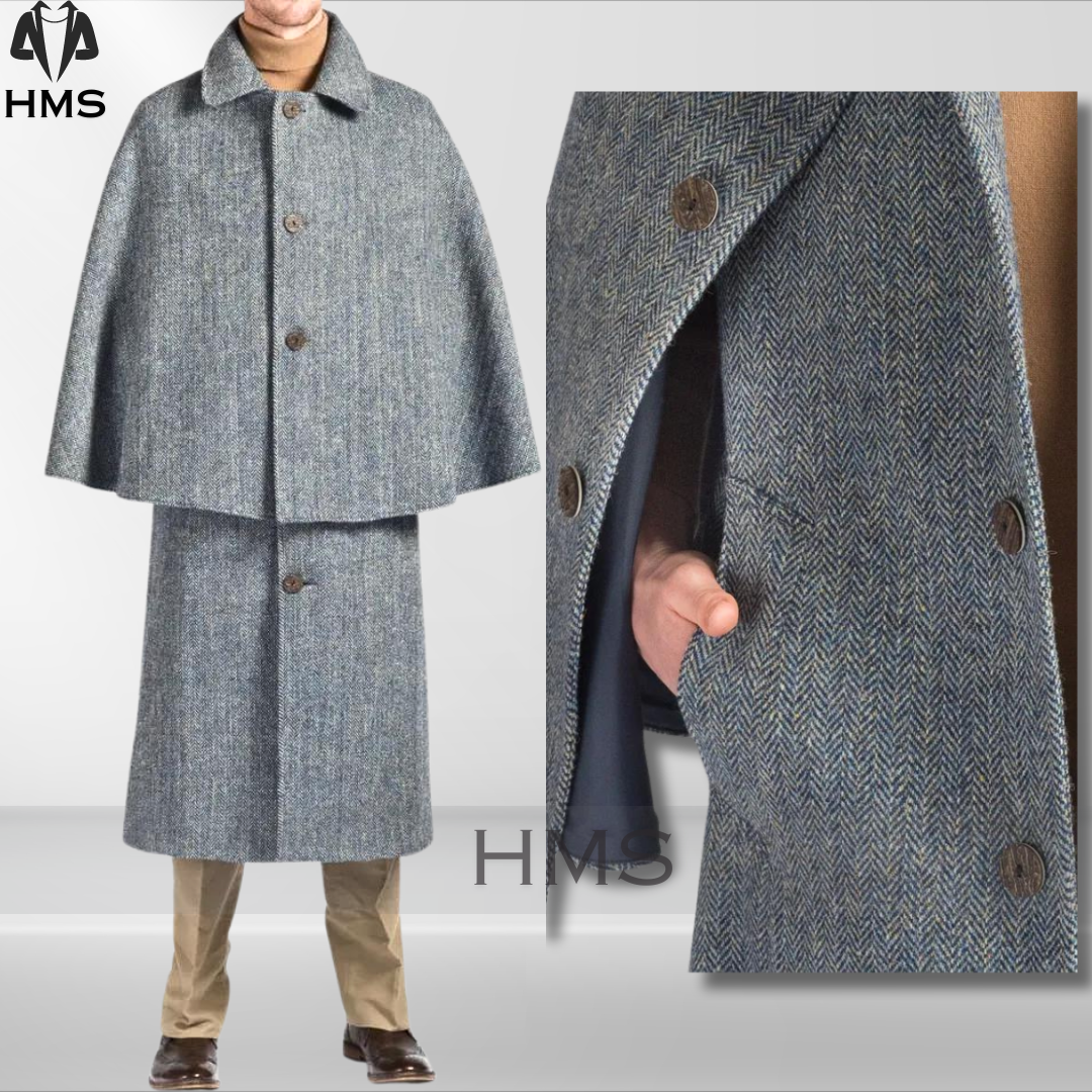 Pre-owned 100% Men's Gray Inverness Coat Heavy  Wool Long Jacket And Overcoat With Cape