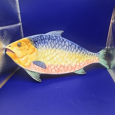 Italy Ceramic Fish Shaped Dish Plate Spoon Rest Multicolor Colorful 11'' 7059AsIs
