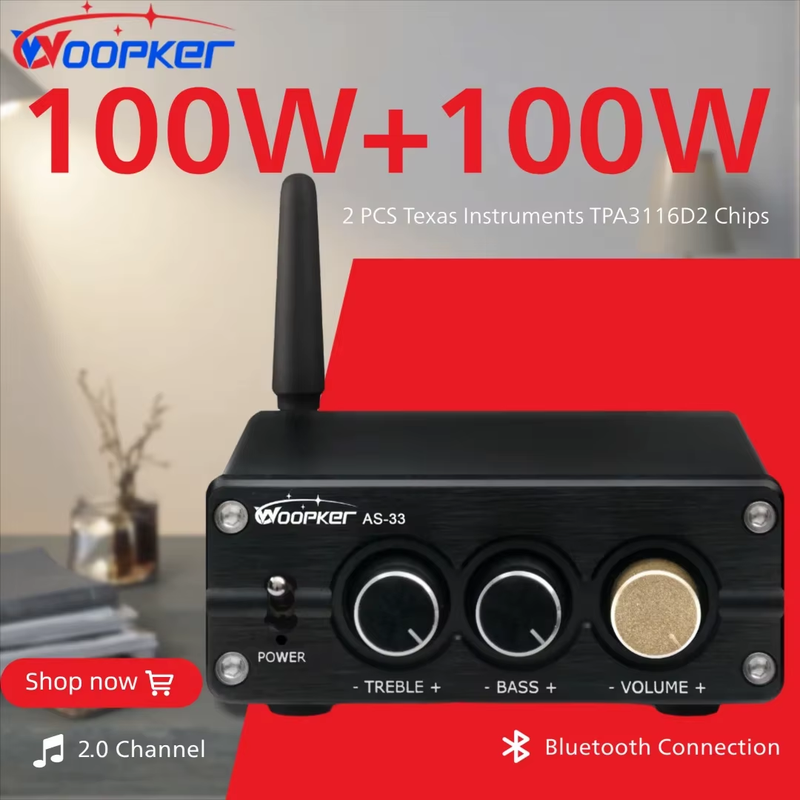 100W*2 Sound Amplifier AS-33 TPA3116D2 2.0 Channel BT5.0 Mini HiFi Amp with Bas