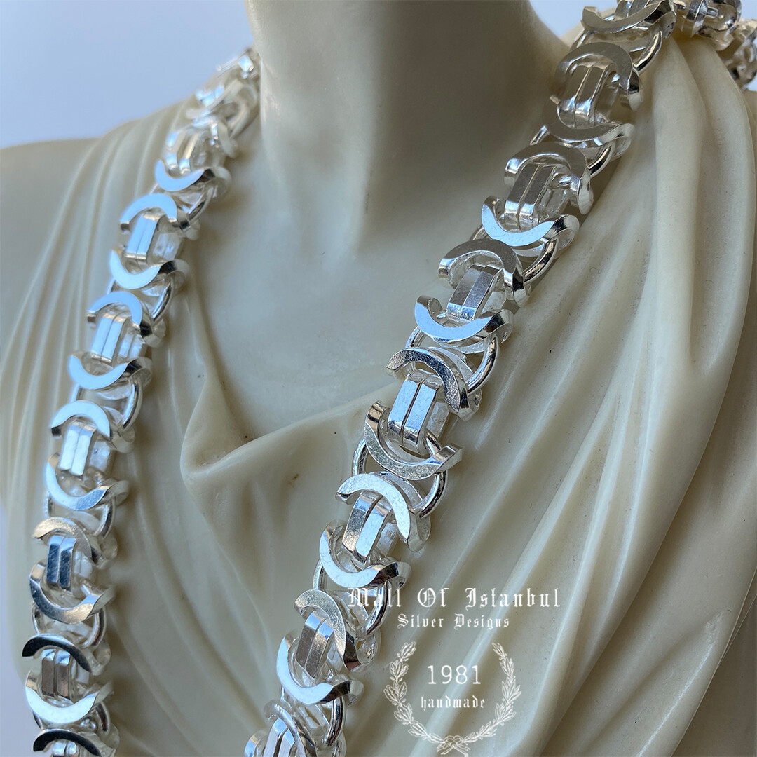 Pre-owned Handmade Mens Flat Byzantine Necklace Euro King 925 Sterling Silver 13mm 202gr 30.70"