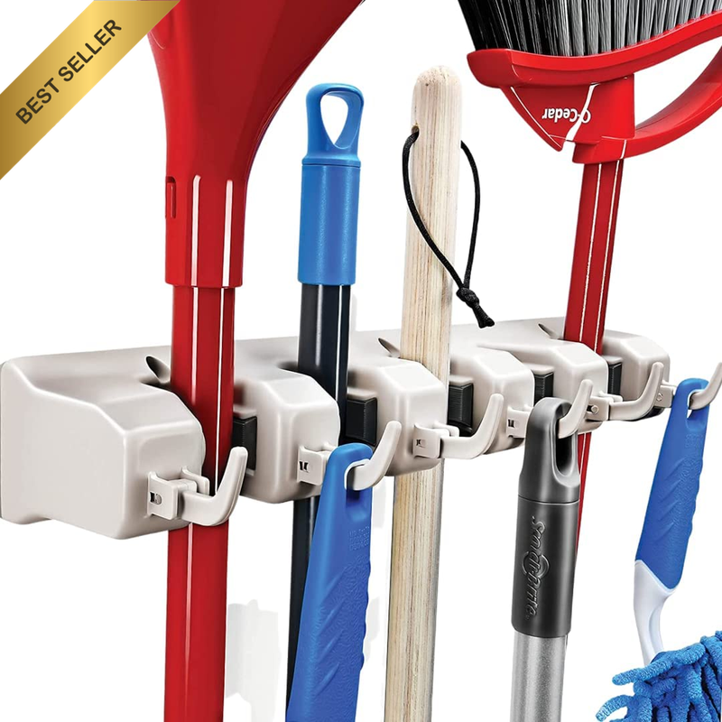 It Mop and Broom Holder, 5 Position with 6 Hooks Garage Storage Holds up to 11 T