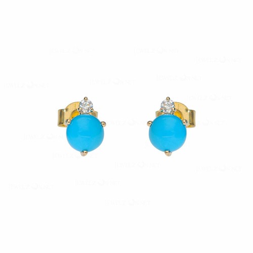 Pre-owned J.o.n 14k Gold Genuine Diamond And Turquoise Gemstone Stud Earrings Fine Jewelry In White