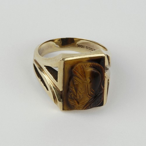 Vintage Mens 10k Yellow Gold, Tigers Eye Intaglio Ring Size