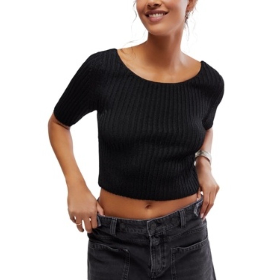 Free People Textured Short Sleeves Crop Sweater Top Women's XS Black Pullover - Picture 1 of 13