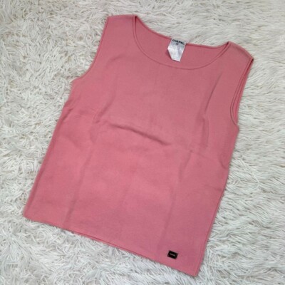 Authentic CHANEL PINK KNIT TANK TOP VEST Cotton Logo Badge SIZE 42 Japan 617 40