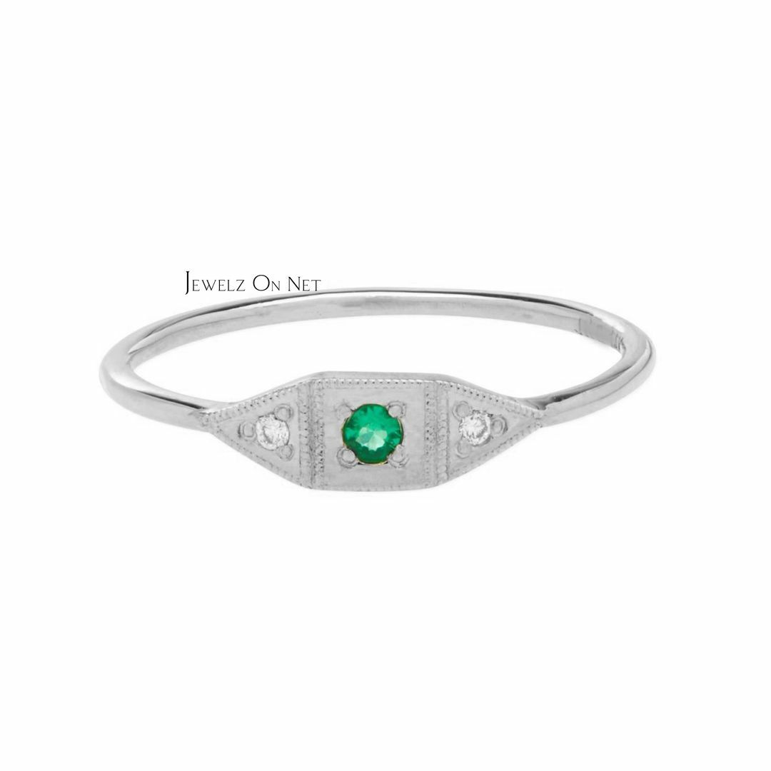 Pre-owned J.o.n 14k Gold Genuine Diamond And Emerald May Birthstone Baby Deco Ring Fine Jewelry In White