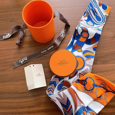 HERMES Twilly Silk Scarf Orange & Blue Unused with Box & Ribbon & Tag