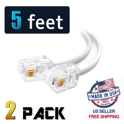 (2 Pack) 5 Feet White Telephone Cable Rj11 6p4c 60'' Phone Line Cord 5ft