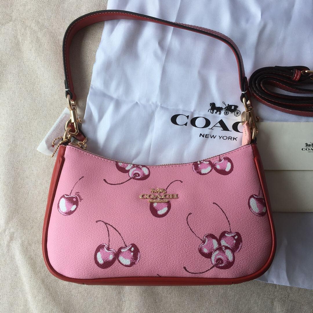 COACH CB290 2way Shoulder Bag Hand Bag Canvas Leather Cherry