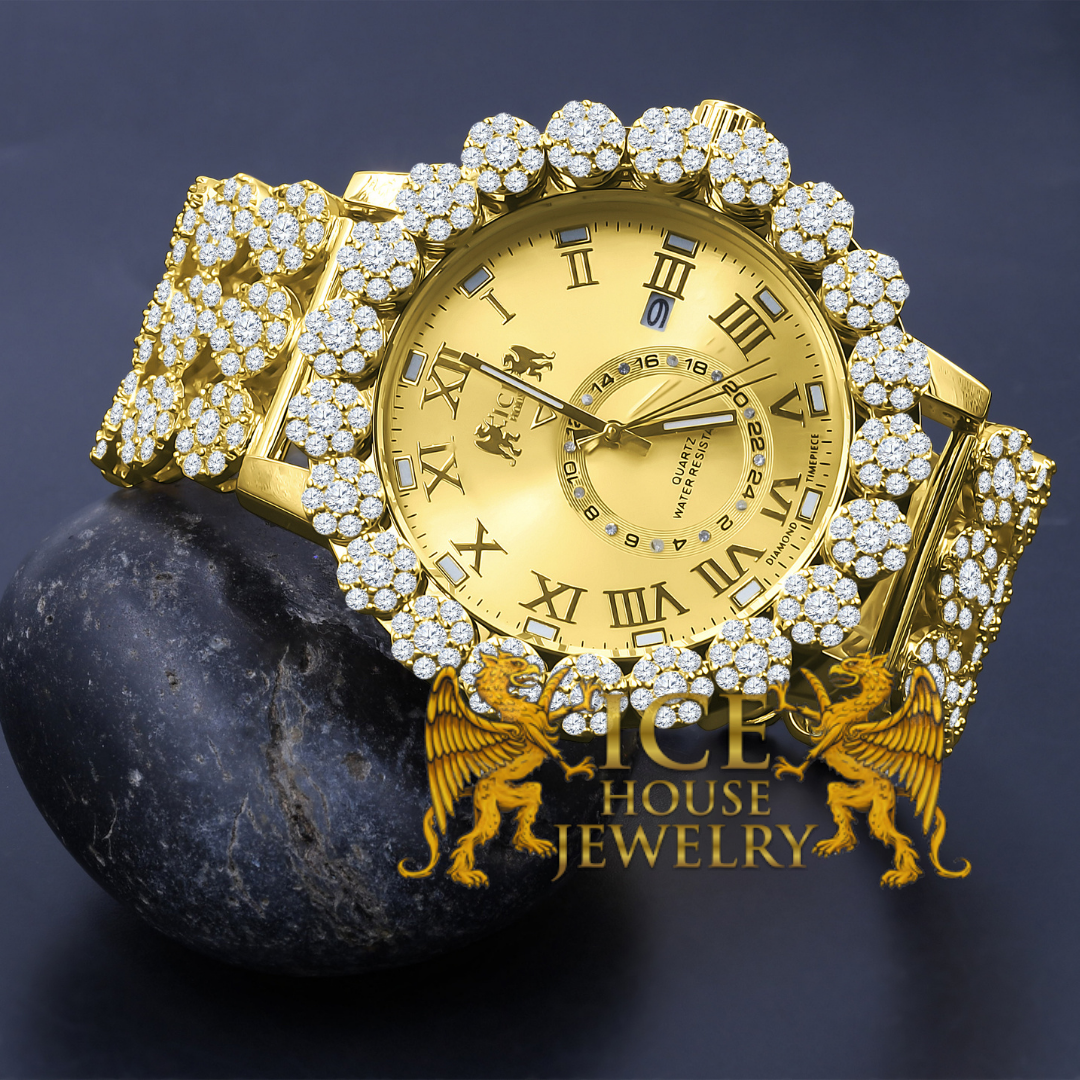 Pre-owned Ice House Icy Roman Face Gold Finish Xl 55mm Genuine Diamond Watch Custom Band & Dial