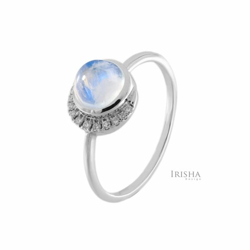 Pre-owned Irisha Designs 0.08 Ct. Pave Set Diamond-rainbow Moonstone Wedding Ring Christmas Gift 14k Gold In F-g