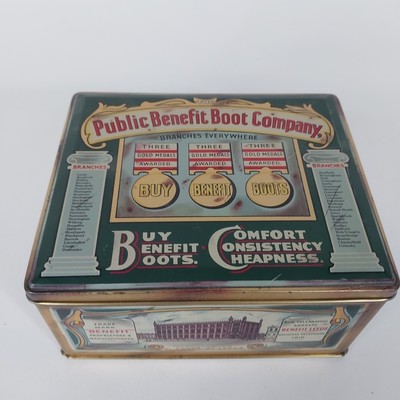 VINTAGE BRITISH TIN ''Public Benefit Boot Company'' Made in England 6'' by 7''