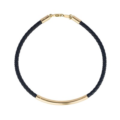 Yellow Gold Bar Dark Blue Leather Bracelet