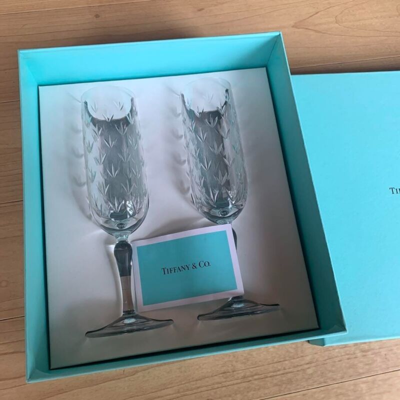 Tiffany & Co. Floret Champagne champaign Pair Set Wine Glass W/ Blue Box New JPN