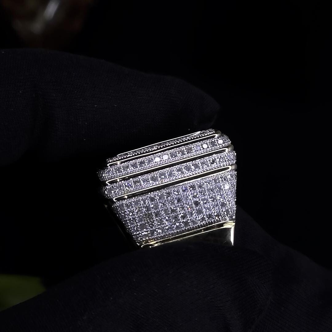 Pre-owned Sterling Iced Out Prong Setting Square Ring | Micro Pave Iced Cz Silver + Gold Plated