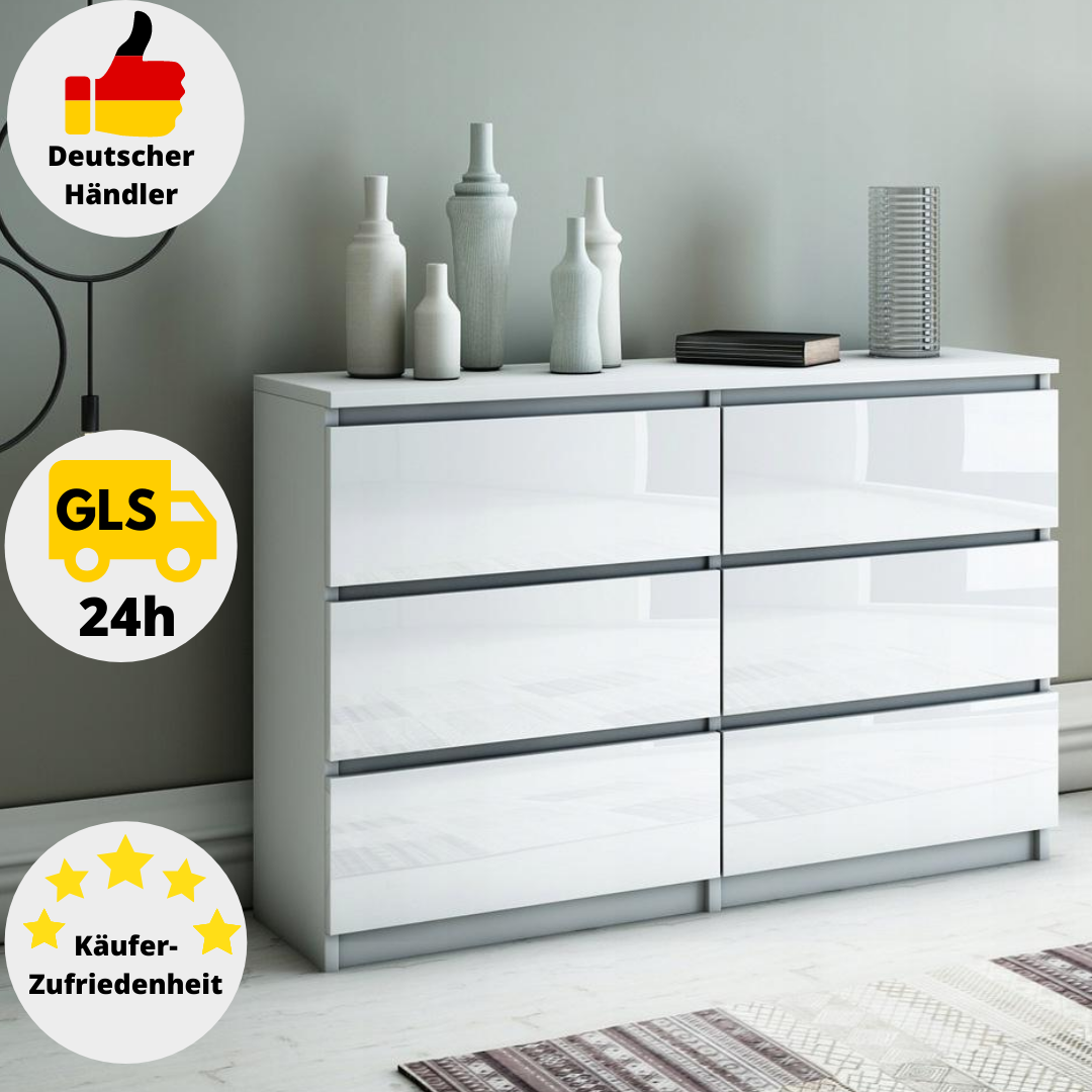 Kommode Weiß Hochglanz 6 Schubladen Sideboard 120 cm Klamottenschrank Modern