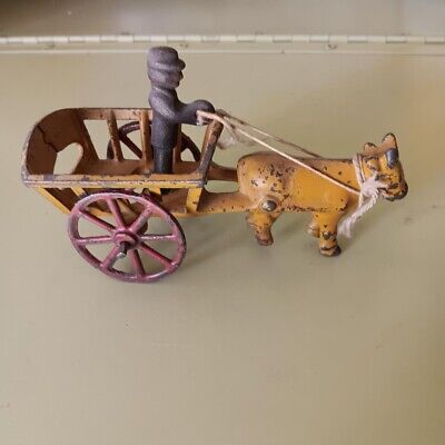 Antique ORIGINAL Early Cast Iron Toy Ox Drawn Farm Cart / Wagon With Farmer