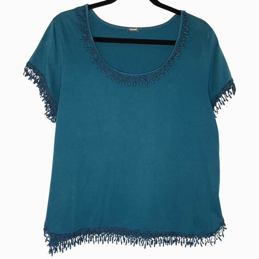 Monrow Womens Top Medium Blue Teal Cotton Short Sleeve Fringe Lace