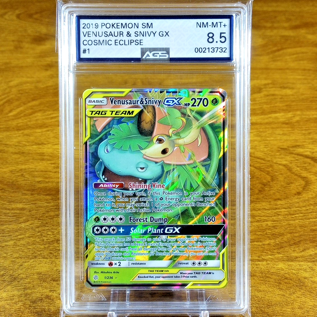 Pokemon SM Cosmic Eclipse Tag Team Venusaur & Snivy GX 1/236 AGS